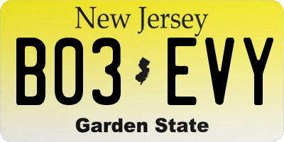 NJ license plate B03EVY