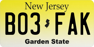 NJ license plate B03FAK