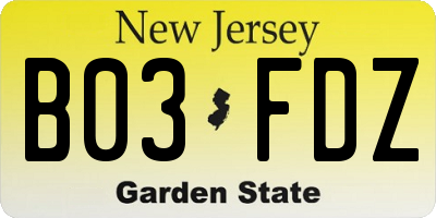 NJ license plate B03FDZ