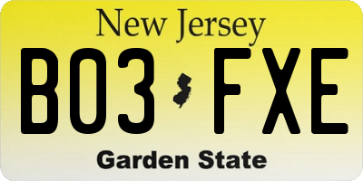NJ license plate B03FXE
