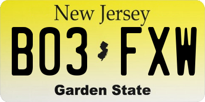 NJ license plate B03FXW