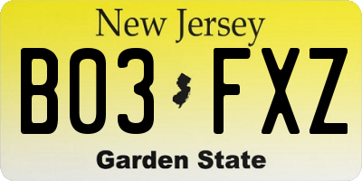 NJ license plate B03FXZ