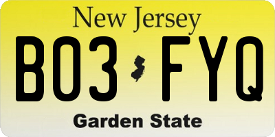 NJ license plate B03FYQ