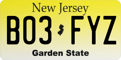 NJ license plate B03FYZ