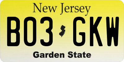 NJ license plate B03GKW