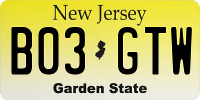 NJ license plate B03GTW