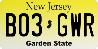 NJ license plate B03GWR