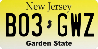 NJ license plate B03GWZ