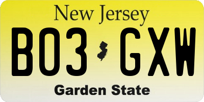 NJ license plate B03GXW