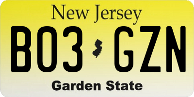 NJ license plate B03GZN