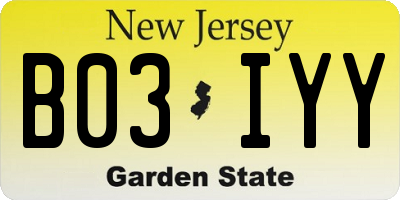 NJ license plate B03IYY