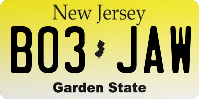 NJ license plate B03JAW