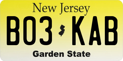 NJ license plate B03KAB