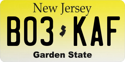 NJ license plate B03KAF