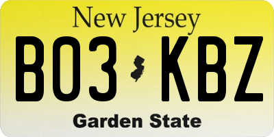 NJ license plate B03KBZ