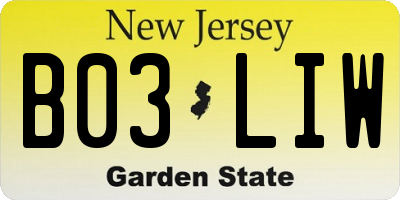 NJ license plate B03LIW