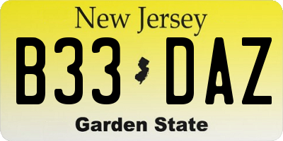 NJ license plate B33DAZ