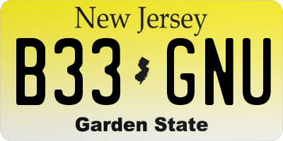 NJ license plate B33GNU