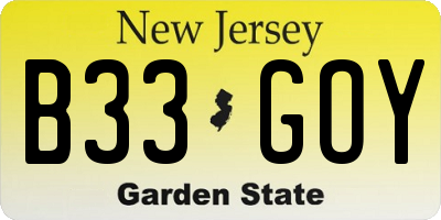 NJ license plate B33GOY