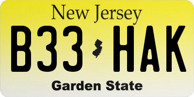 NJ license plate B33HAK