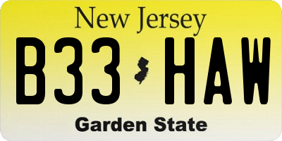 NJ license plate B33HAW