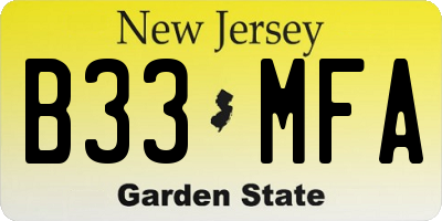 NJ license plate B33MFA