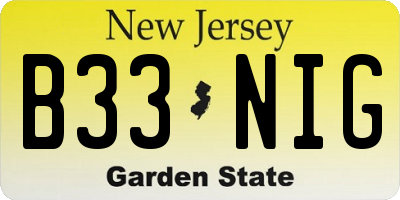 NJ license plate B33NIG