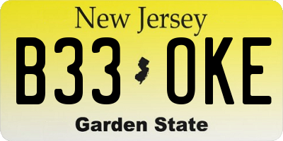 NJ license plate B33OKE