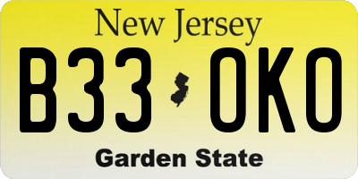 NJ license plate B33OKO