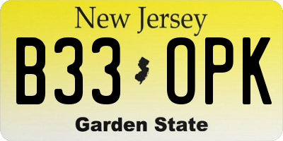 NJ license plate B33OPK