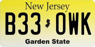 NJ license plate B33OWK