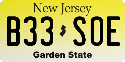 NJ license plate B33SOE