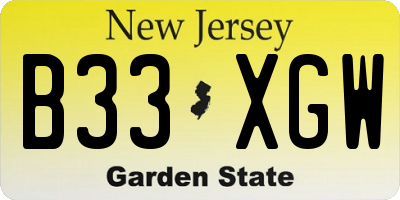 NJ license plate B33XGW