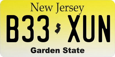 NJ license plate B33XUN