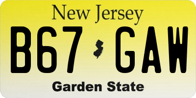 NJ license plate B67GAW