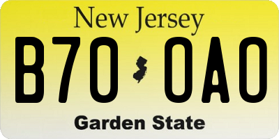 NJ license plate B70OAO