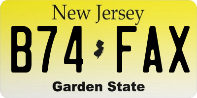NJ license plate B74FAX