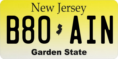 NJ license plate B80AIN