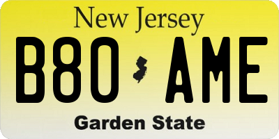 NJ license plate B80AME
