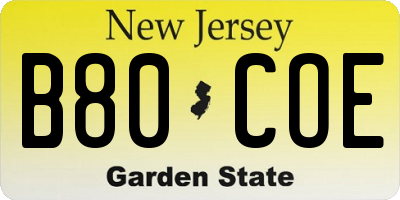 NJ license plate B80COE