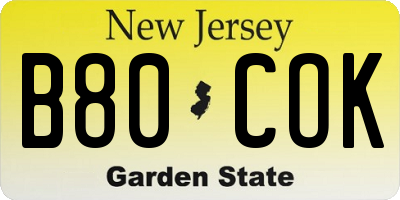 NJ license plate B80COK