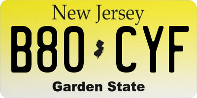 NJ license plate B80CYF