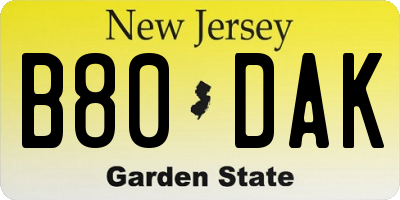 NJ license plate B80DAK