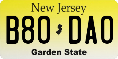 NJ license plate B80DAO