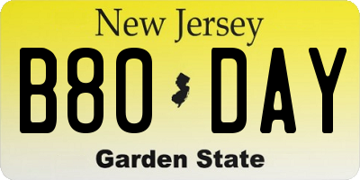 NJ license plate B80DAY