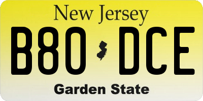 NJ license plate B80DCE