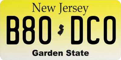 NJ license plate B80DCO