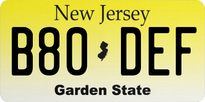 NJ license plate B80DEF