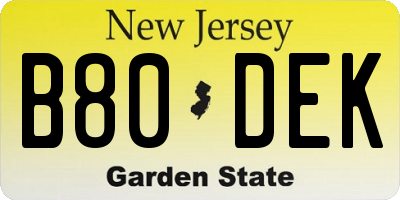 NJ license plate B80DEK