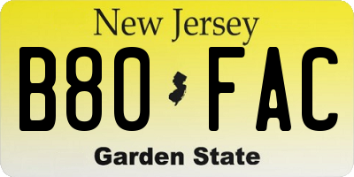 NJ license plate B80FAC